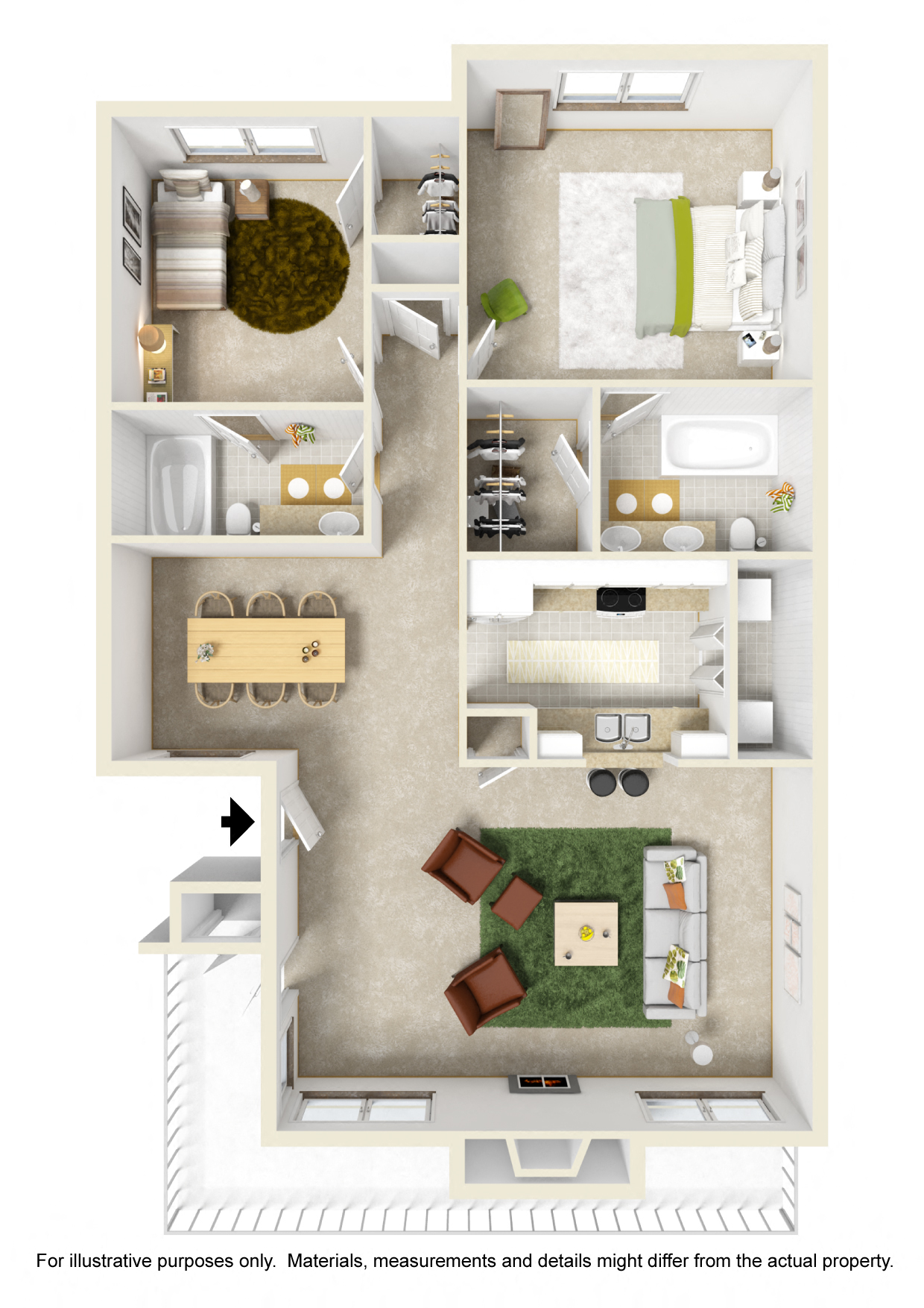 Floor plan for 2 beds, 2 baths, 1300 sqft